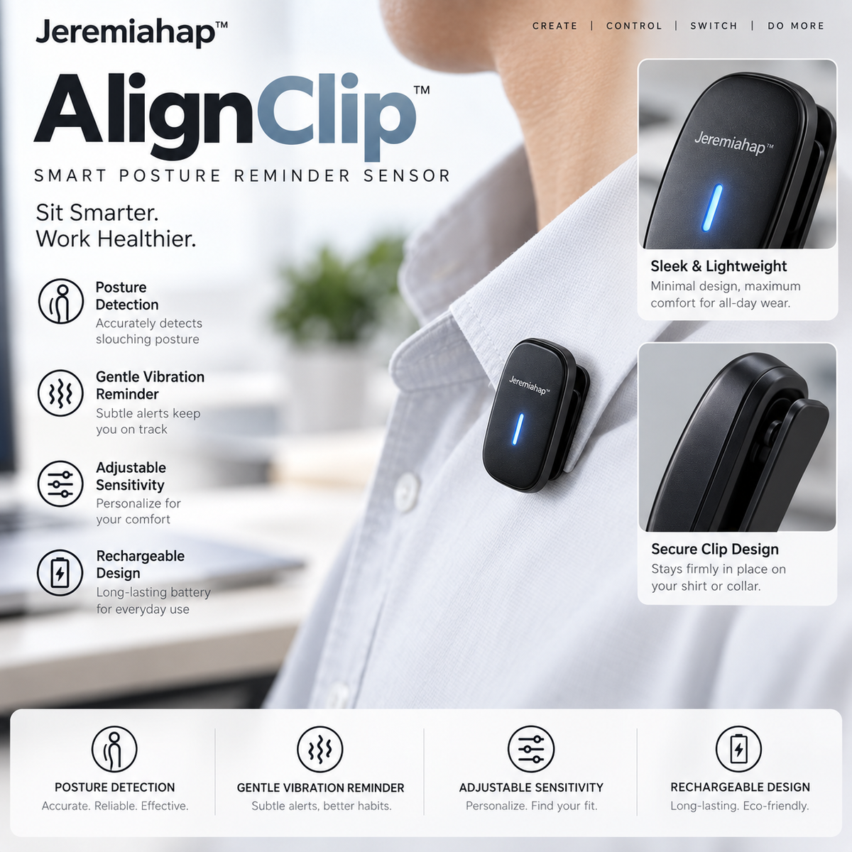 Jeremiahap™ AlignClip Smart Posture Reminder Sensor